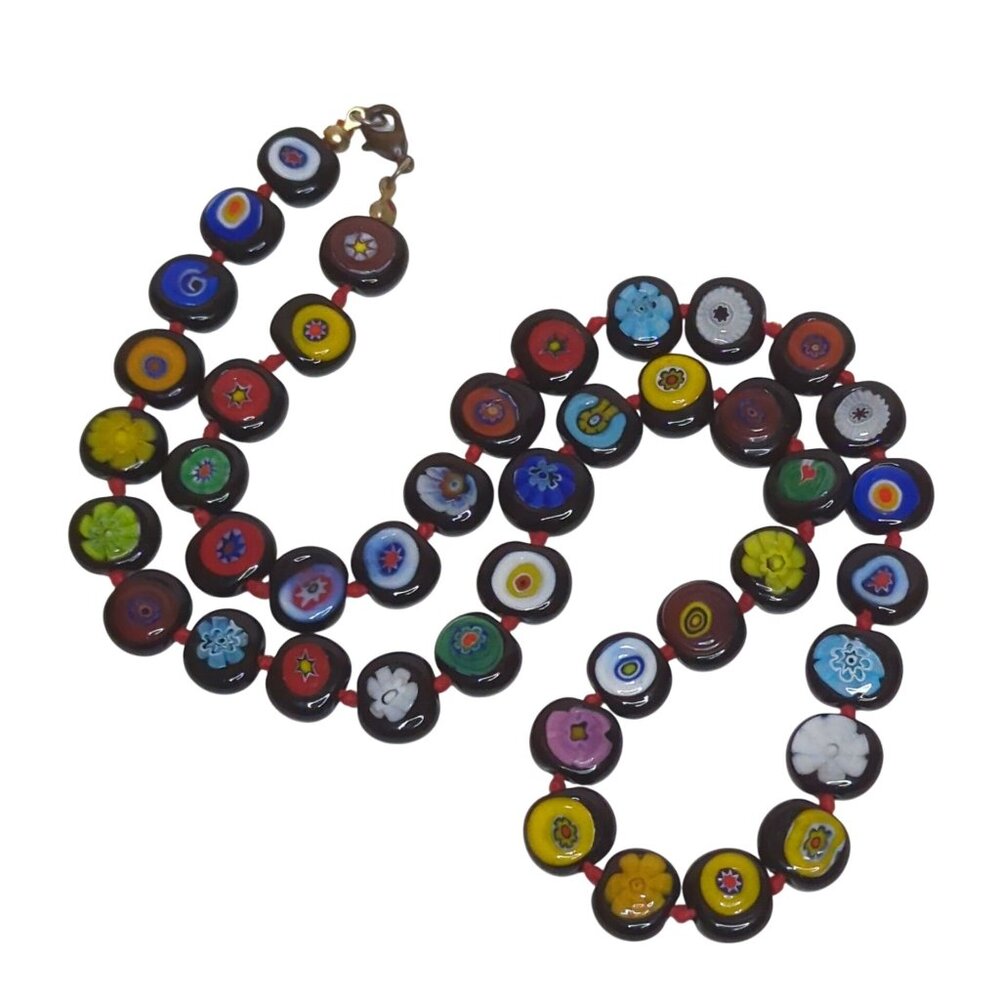 Millefiori Glass Flat Bead Necklace w Floral Designs & Lobster Clasp Black Base